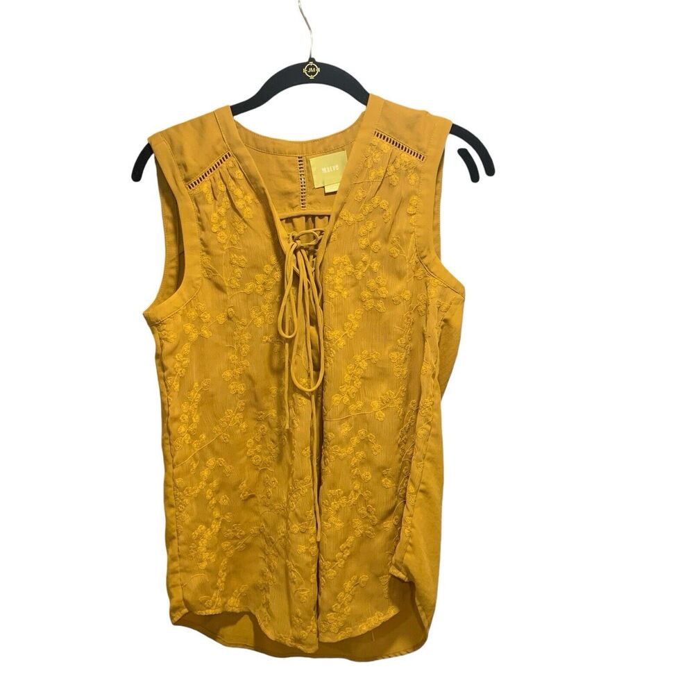 Maeve Mustard Yellow Sleeveless Embroidered Lace-Up Blouse